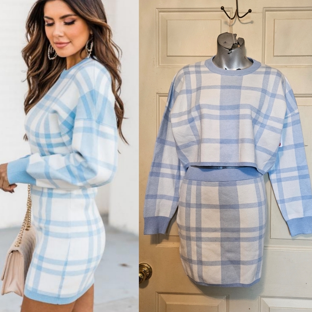 Pink lily Now Or Never Blue Plaid Sweater skirt 2 piece set